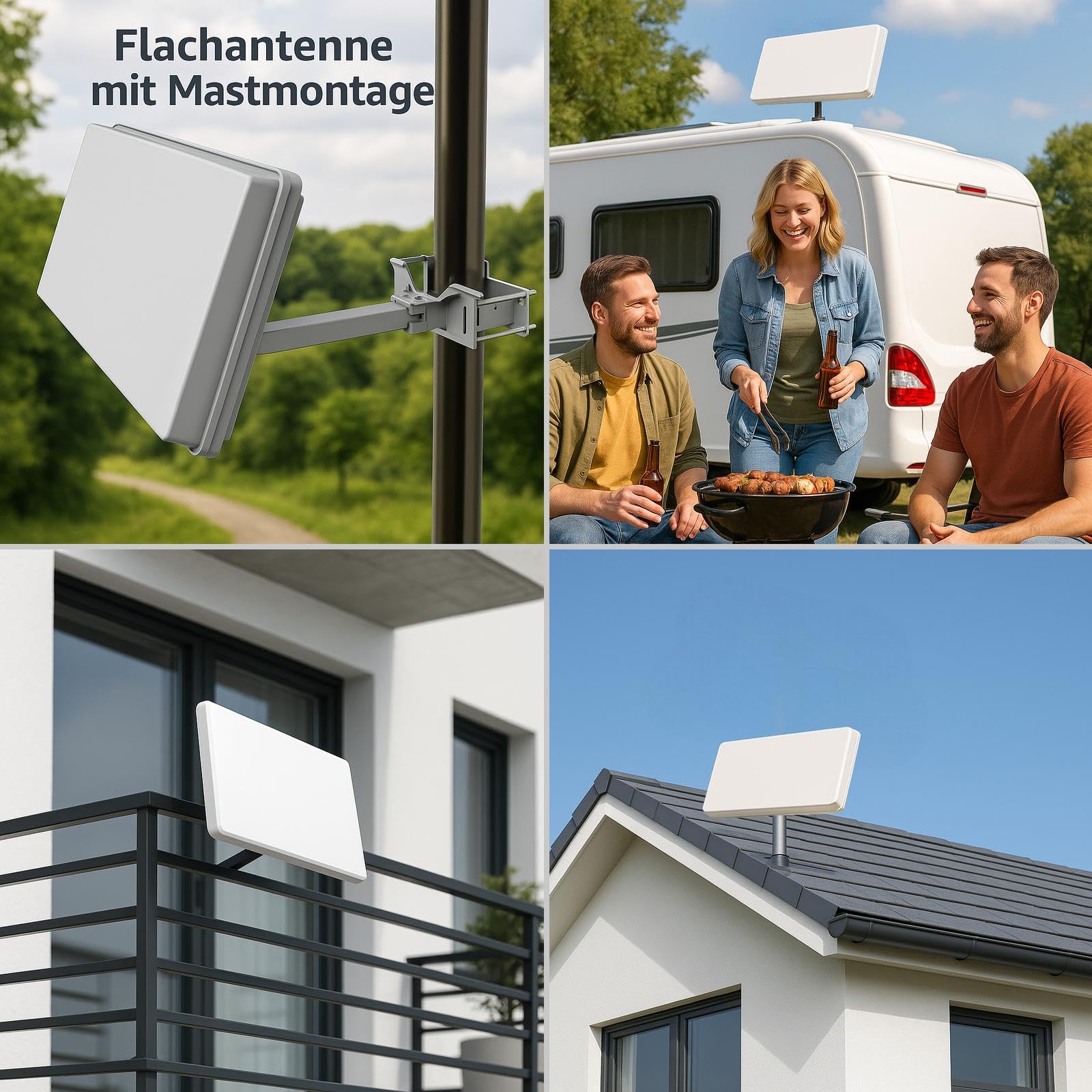 Sat Flachantenne Quad LNB HD Sat Anlage H30D4+ für 4 Teilnehmer kompakte Sat-Antenne mit Fensterhalterung Zubehör Set