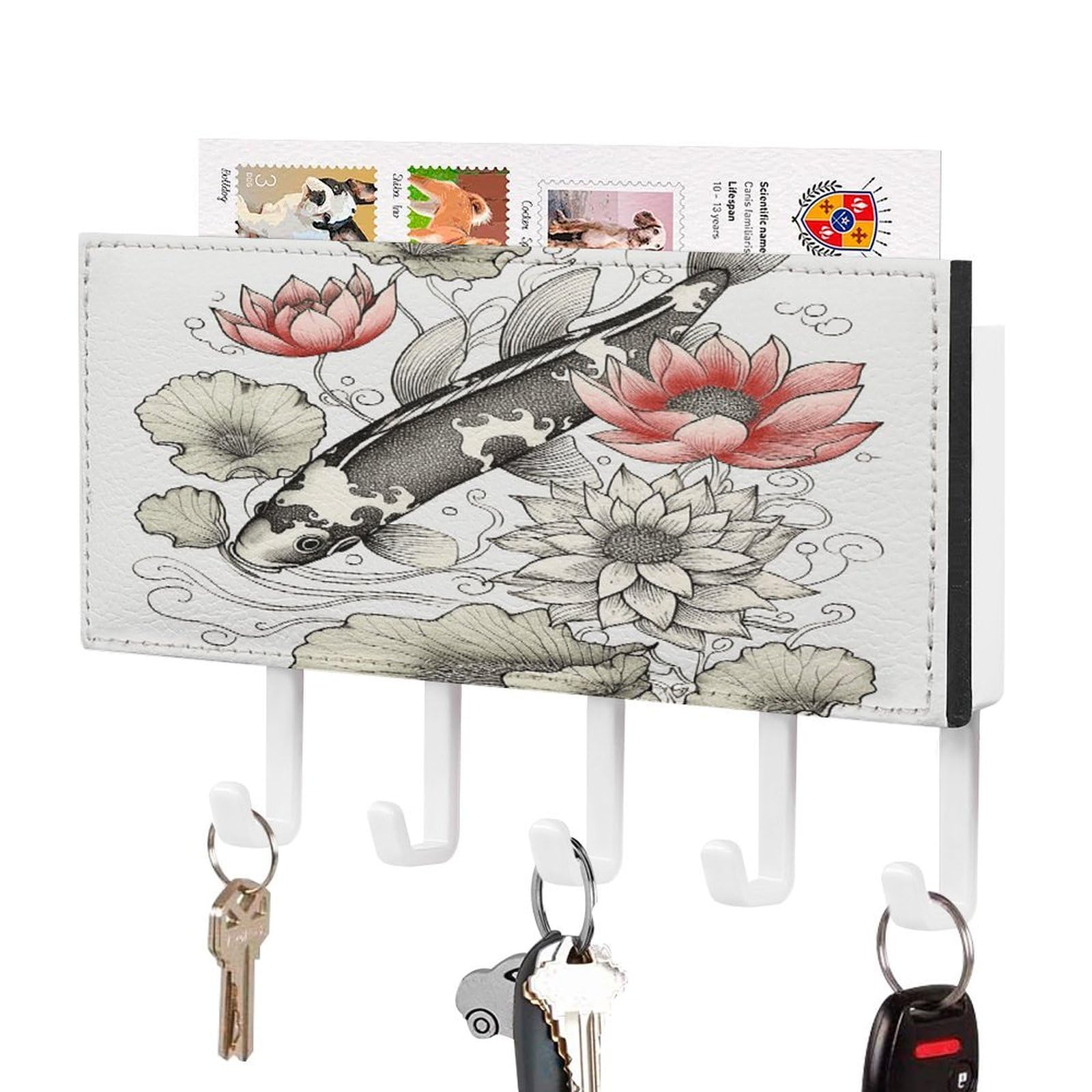 FekiLoot Fish Japanese Carp Lotus Leaves Flower Key Holder for Wall Decorative Mail Organizer with 5 Key Hook Self Adhesive Key Rack with Tray Coat Rack Wall Mount Key Hanger Decor for Entryway Door