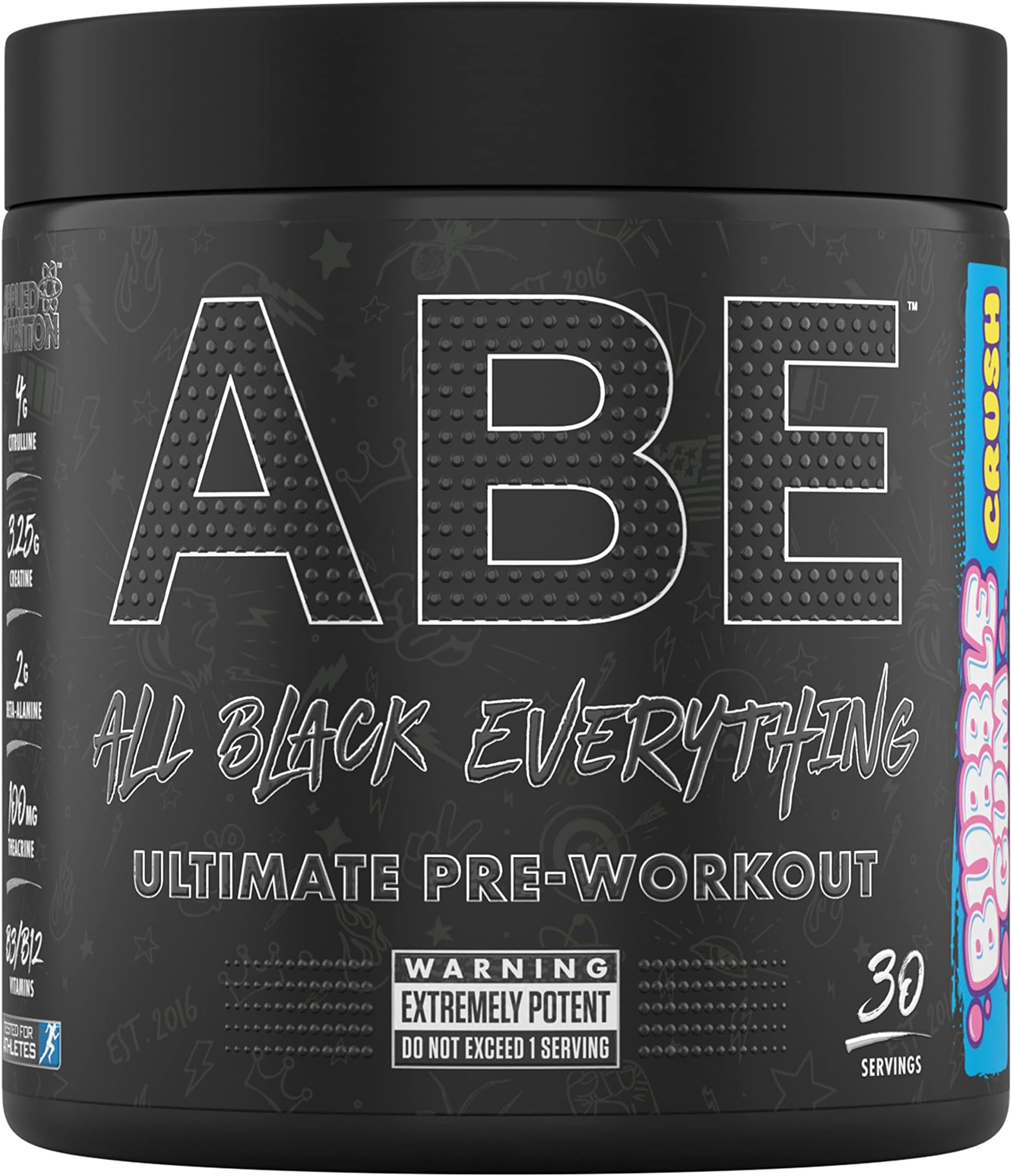 Applied Nutrition ABE All Black Everything Pre Workout Powder Energy, Physical Performance with Citrulline, Creatine, Beta Alanine, Caffeine, VIT B Complex (30 Servings, Bubblegum)