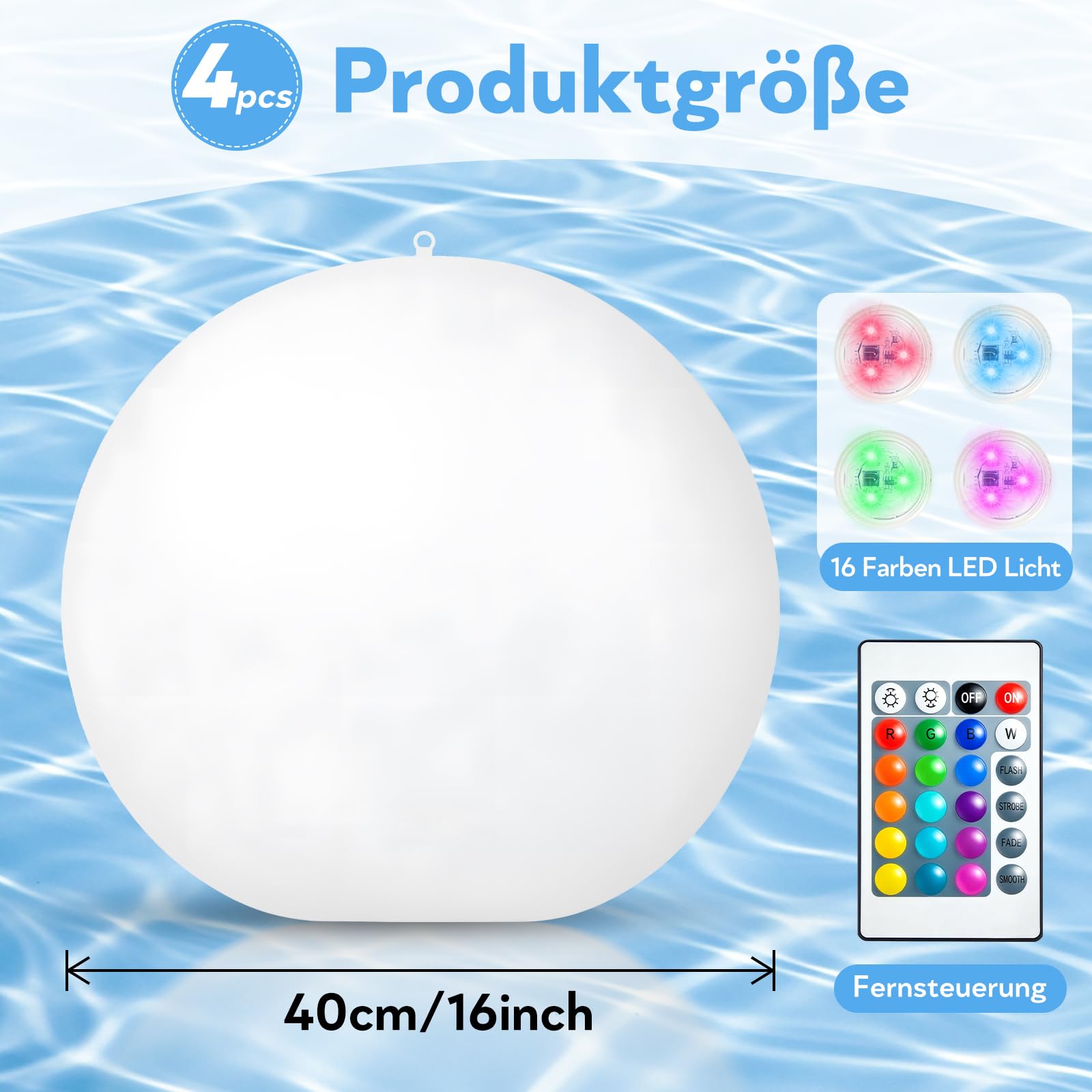 Poolbeleuchtung 4 Stück, Aufblasbare Teichbeleuchtung 40cm mit Fernbedienung, 16 RGB Farbwechsel LED Schwimmende Poolbeleuchtung, IP67 Wasserdicht Pool Lichter für Garten Pool Teich Party Deko