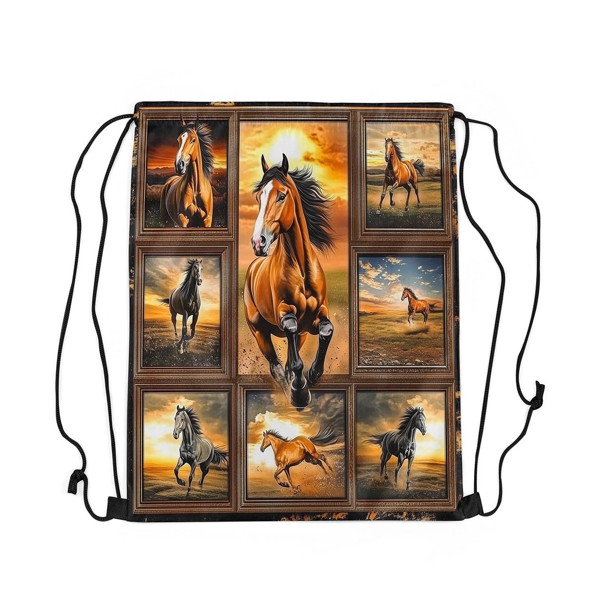 Loussiesd Horse Gym String Bag Galloping Horse Drawstring Backpack Cute Animal Decor Drawstring Bags for Women Men Western Decor Waterproof Cinch Bag 40x33cm