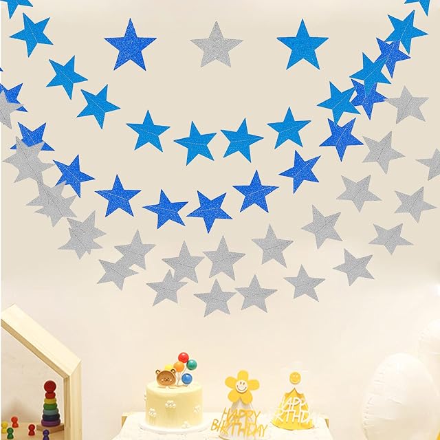 TSHAOUN 4PCS 52 feet total Silver and Blue Glitter Star Paper Garland kit,Garland Streamer Kit Little Star Party Garlands Kit for Twinkle Star Party for Baby Shower Birthday Wedding (4PCS)