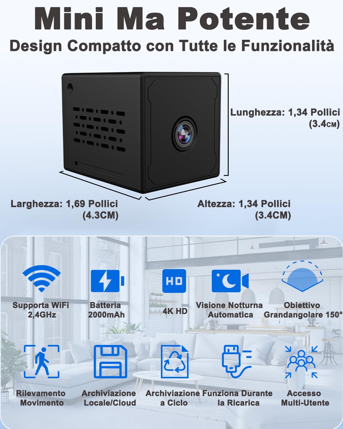 Mini Telecamera Spia Nascosta, 4K FHD Telecamera Spia con Visione Notturna e Rilevamento Movimento, Microcamera Spia con Batteria 2000mAh, Mini Telecamera Wifi/Senza Wifi, Spy Cam per Interno Estern