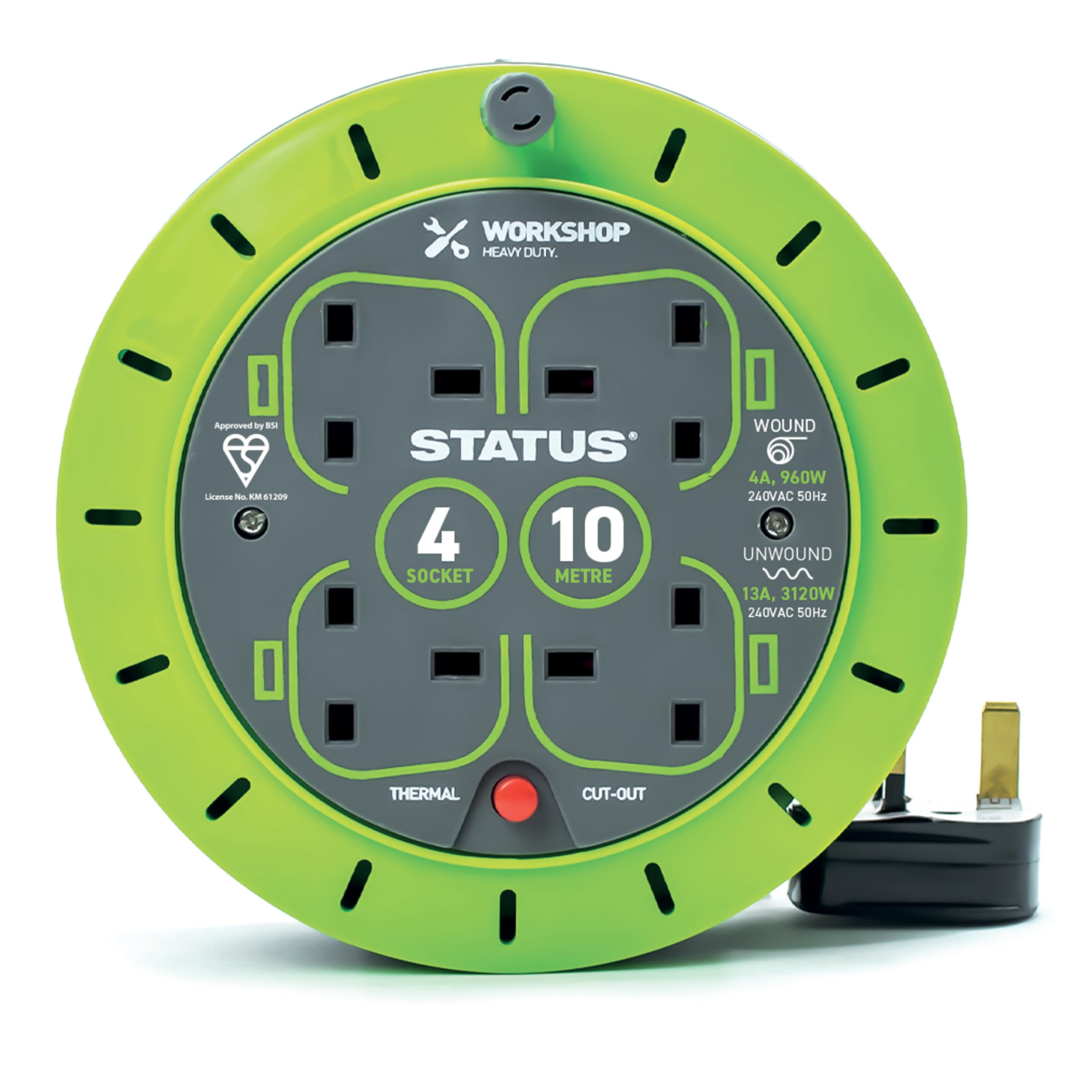 STATUS 10M  4 SOCKET DURABLE GREEN LEAD CASSETTE REEL 13 AMP THERMAL CUT OUT
