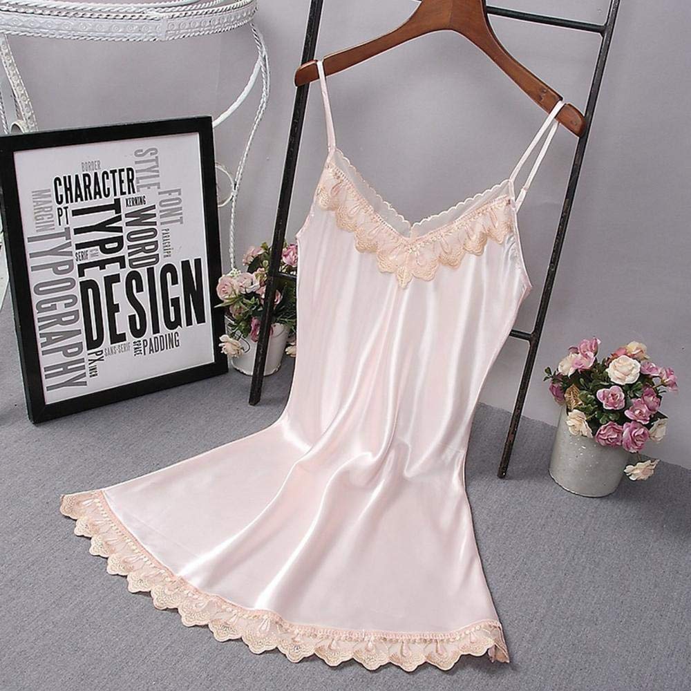 Mujer Sexy Fina Lenceria Sensual Romantico Elegante EncajeRopa de Dormir para Mujer Sexy con Cuello en V Tops para Dormir Camisón de Encaje Camisola Pijamas Dress-B_L
