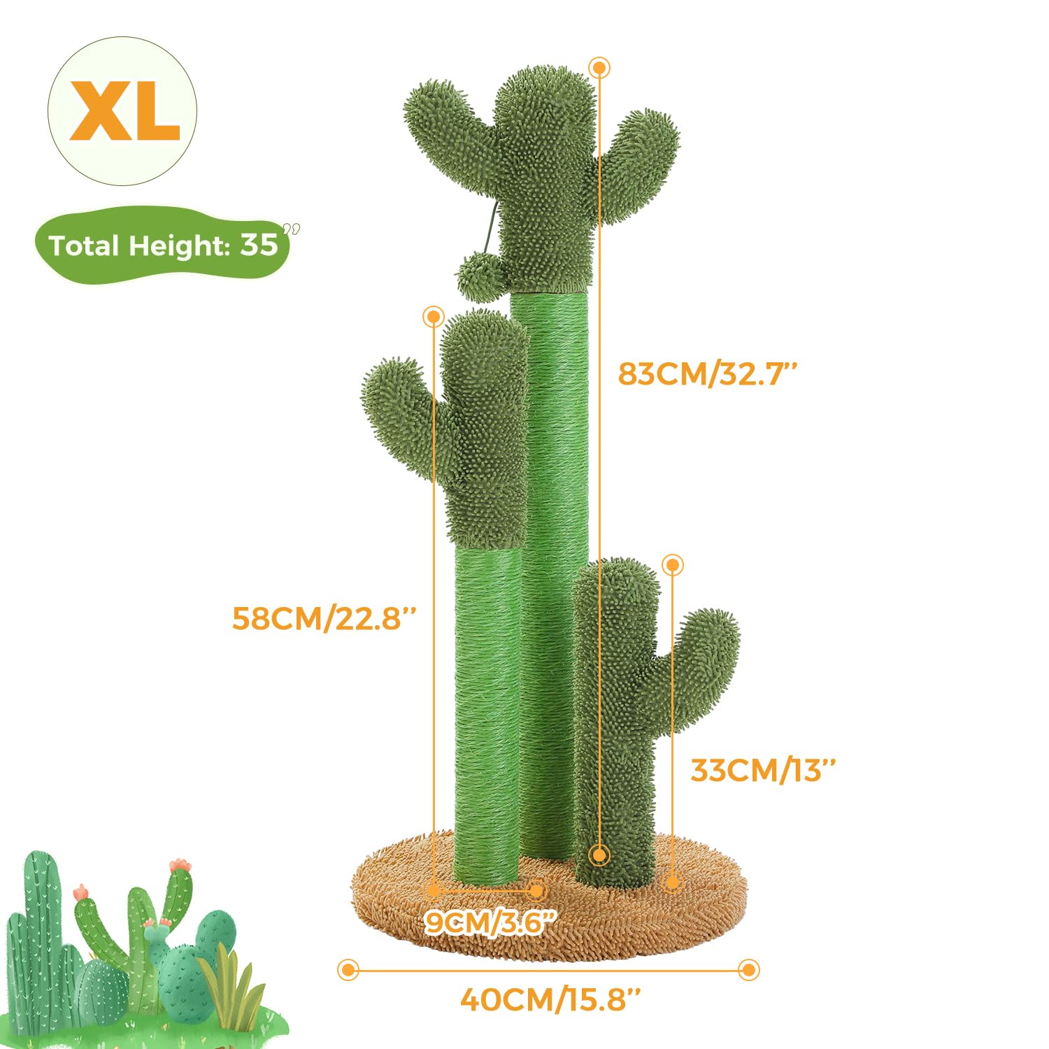 PAWZ Road Katzenkratzbaum 89 cm, hoher Kratzbaum mit natürlichen Sisal-Kratzsäulen und hängenden Katzenspielbällen für große Katzen, Braun