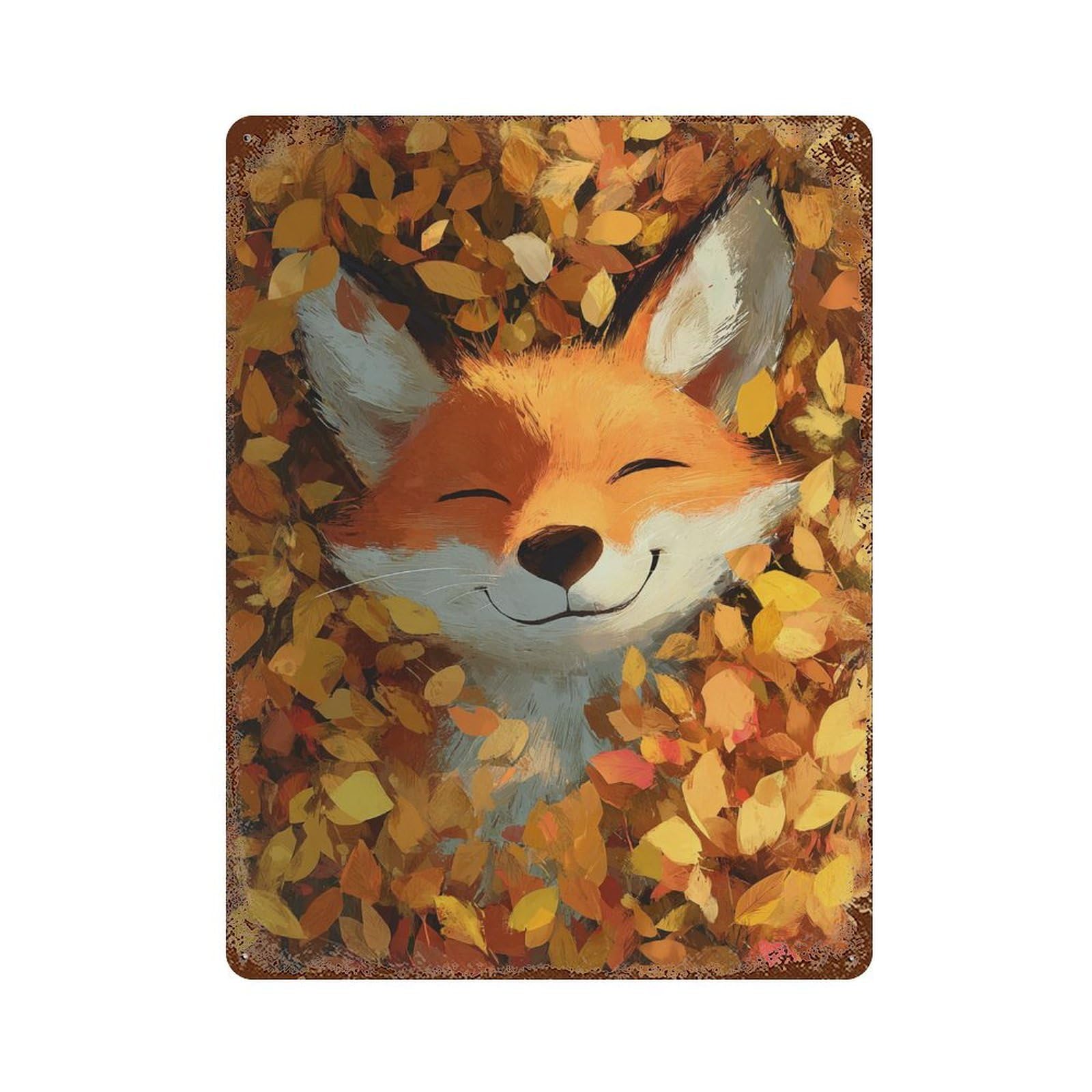 Autumn Fox Portrait Distressed Metal Wall Sign 15.7"x11.8", Ideal for Patio, Garden Room And Bar Decor