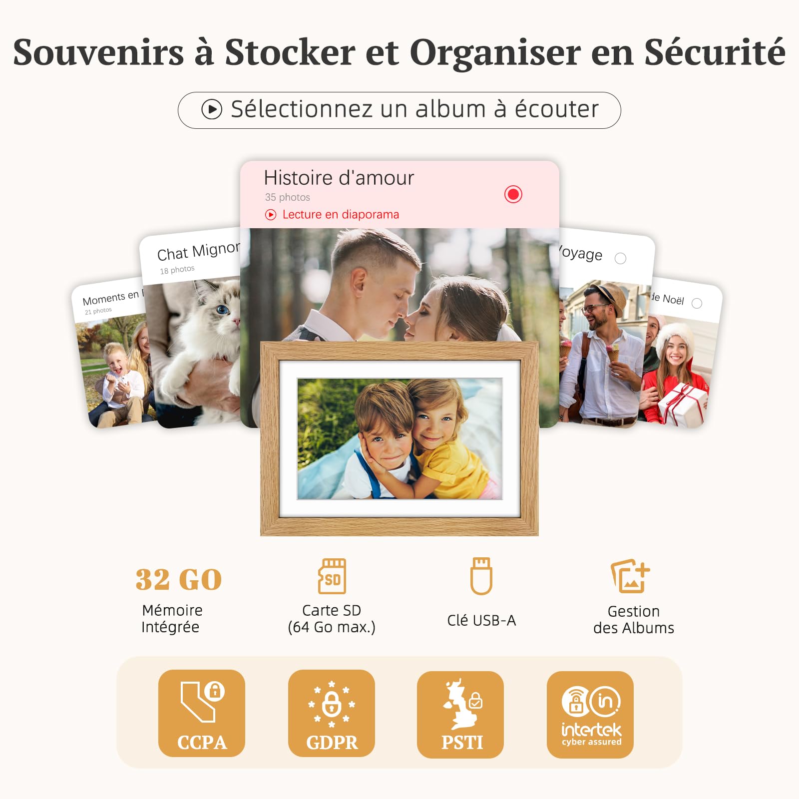 Cadre Photo Numérique Bois WiFi 10.1 Pouces, Mémoire 32 Go, écran Tactile IPS 1280 * 800 HD, Auto-Rotation, Montage Mural, Partage de Photos Vidéos Via Frameo APP, Cadeau Femme Homme, Bois de Chêne