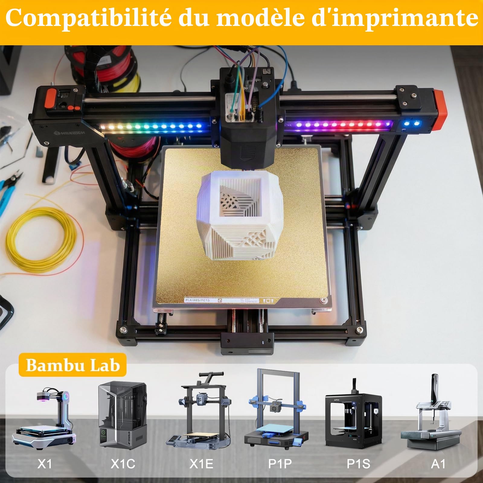 Plateau D'impression Double Face PEI 257×257mm Compatible avec Bambulab A1/X1/X1C/X1E/P1P/P1S/P2S – Surface Texturée, Imprimante 3D Magnétique à Ressort Haute Adhérence