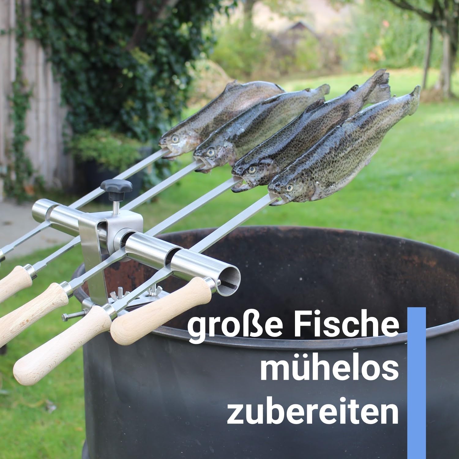 SCHILLING Fischgrilltechnik/Steckerlfisch Halter/Feuerschale/Feuertonne/Edelstahlspieße / 4 Fische