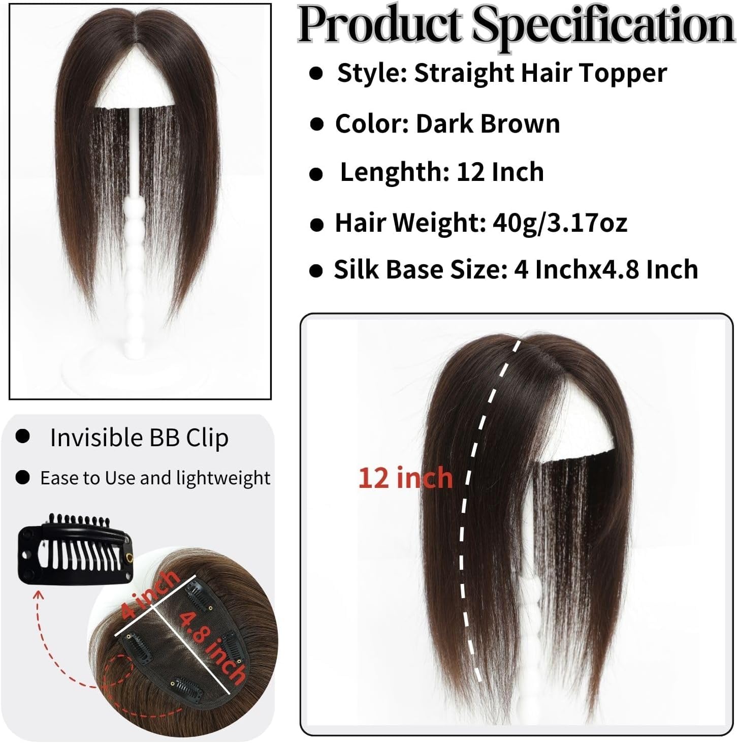 Hair Toppers for Thinning Women Real Hair Toppers for Women 12inch 10x12cm Silk Base with Thinning Remy HairPieces-4T1016 - Image 3