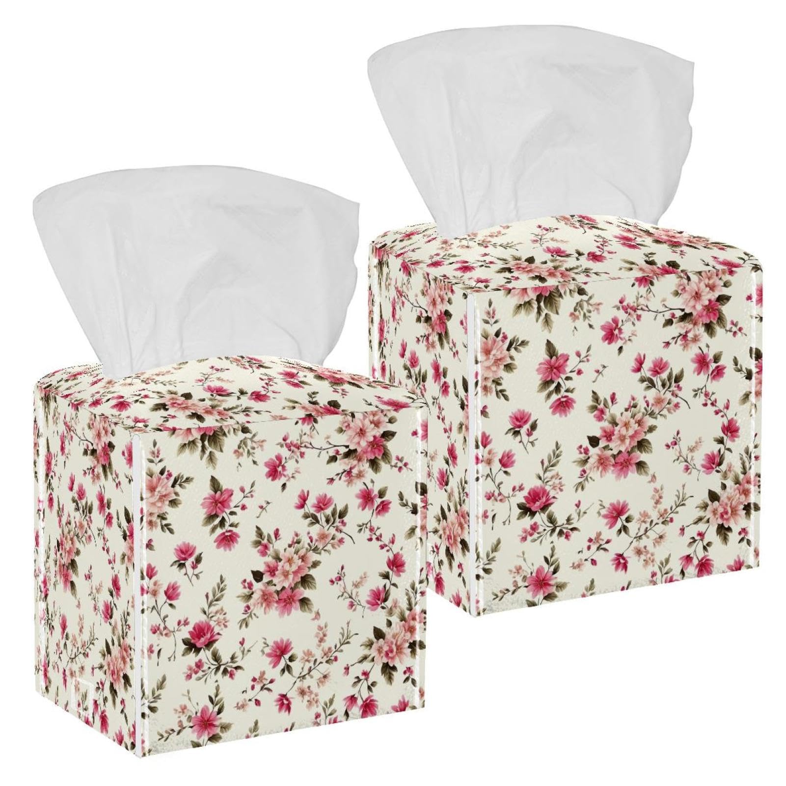 Aesthetic Butterfly Tissue Box Cover, 2 Pack PU Leather Square Facial Tissue Dispenser Box holder for Home Office Car