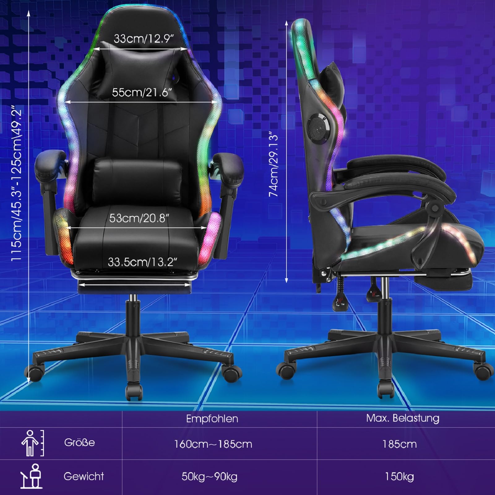 Ergonomischer Gaming Stuhl mit Lautsprechern & LED-Beleuchtung, Verstellbarer PC Stuhl mit Fußstütze, Kopfstütze & Armlehnen, PU-Leder Schreibtischstuhl für Büro & Zuhause, Schwarz