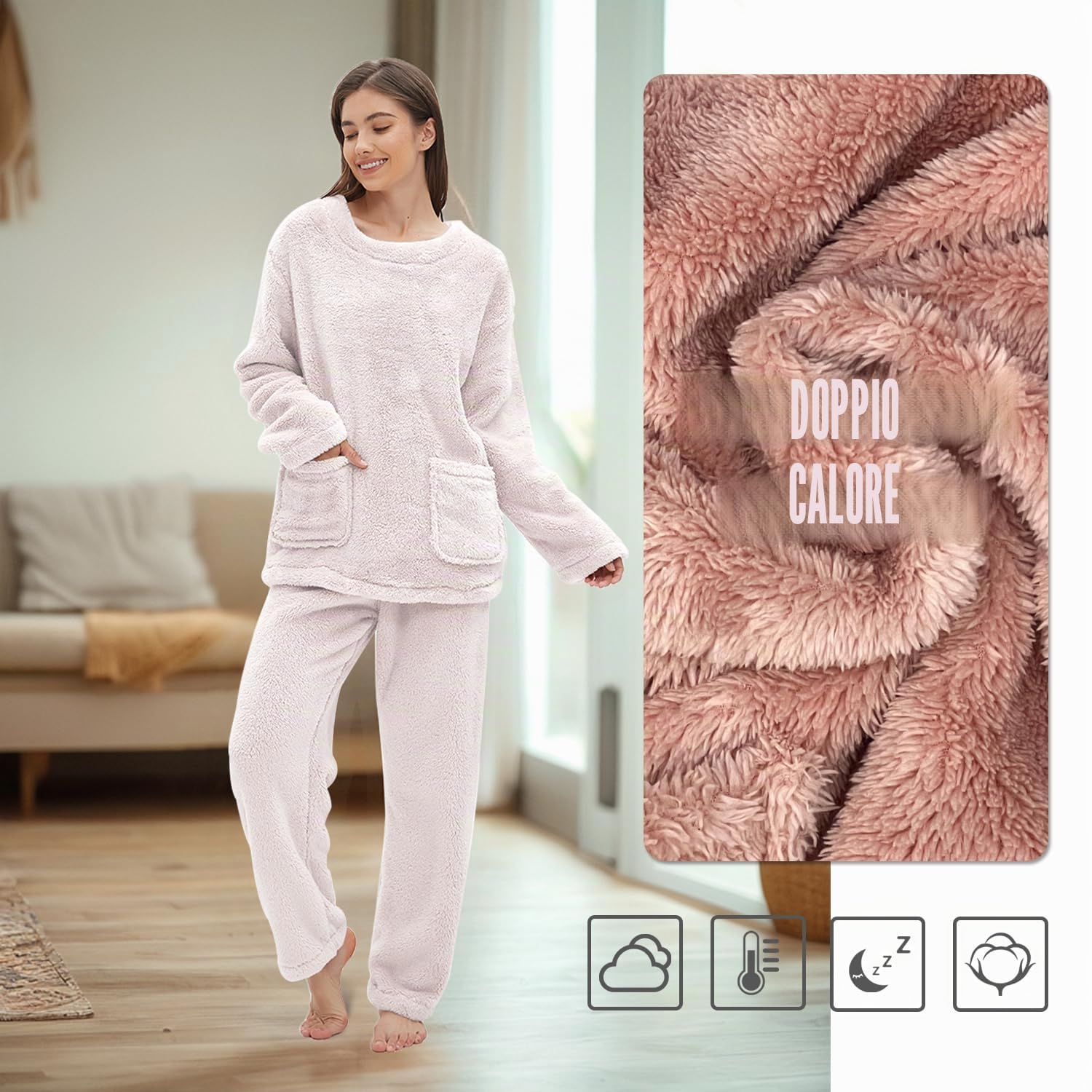 Set Pigiama da Donna in Pile Corallo, Morbido Pigiama da Donna a Due Pezzi a Maniche Lunghe e Pantaloni Caldi Pigiama con Tasche