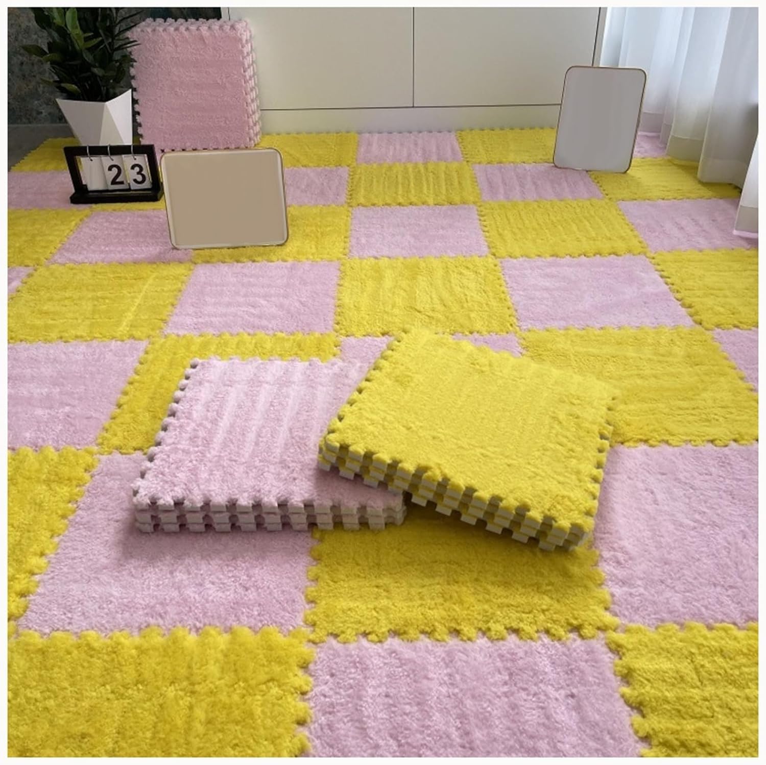 40pcs Shaggy Interlocking Foam Carpet Tiles, 12x12 in Plush Square Foam Floor Puzzle Mats Tiles Carpet(Pink+Yellow)