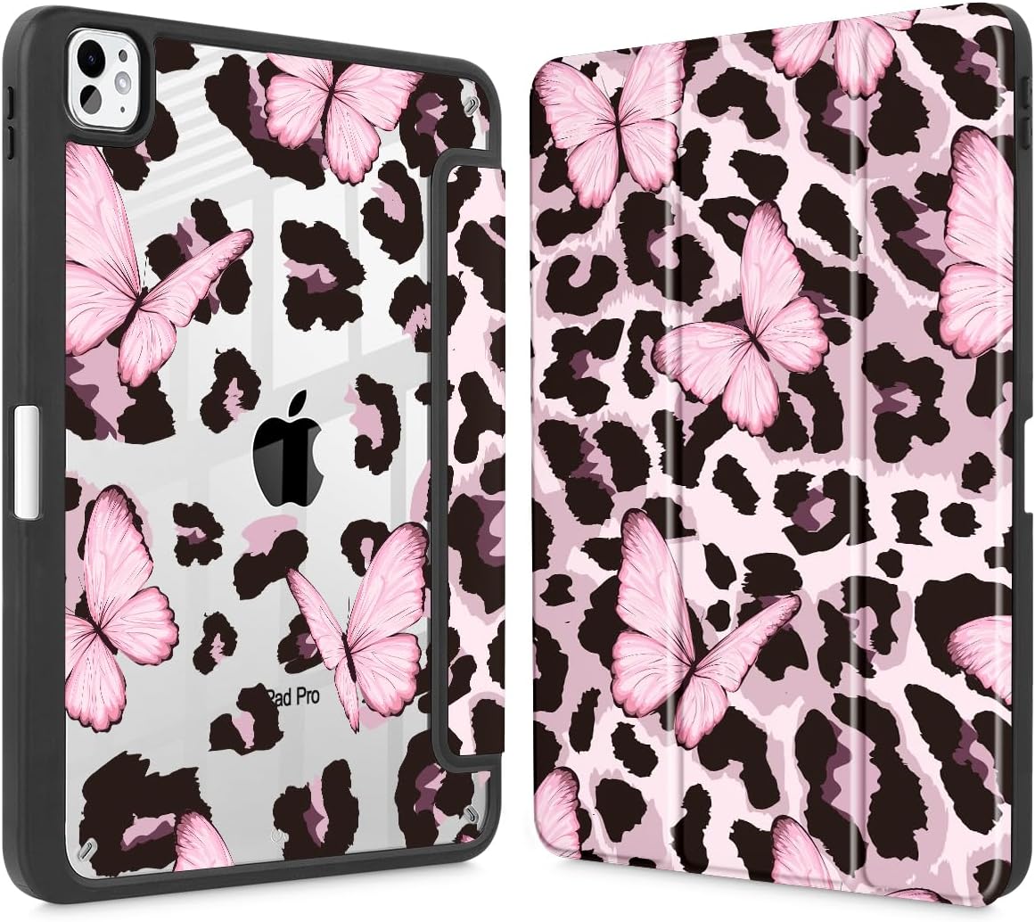 Mektron Case for M5/ M4 iPad Pro 11 inch 2025/2024 with Pencil Holder, Compatible Models: A3357/A3358/A3359/A2836/A2837/A3006, Shockproof Cover Clear Shell, Leopard Pink Butterfly