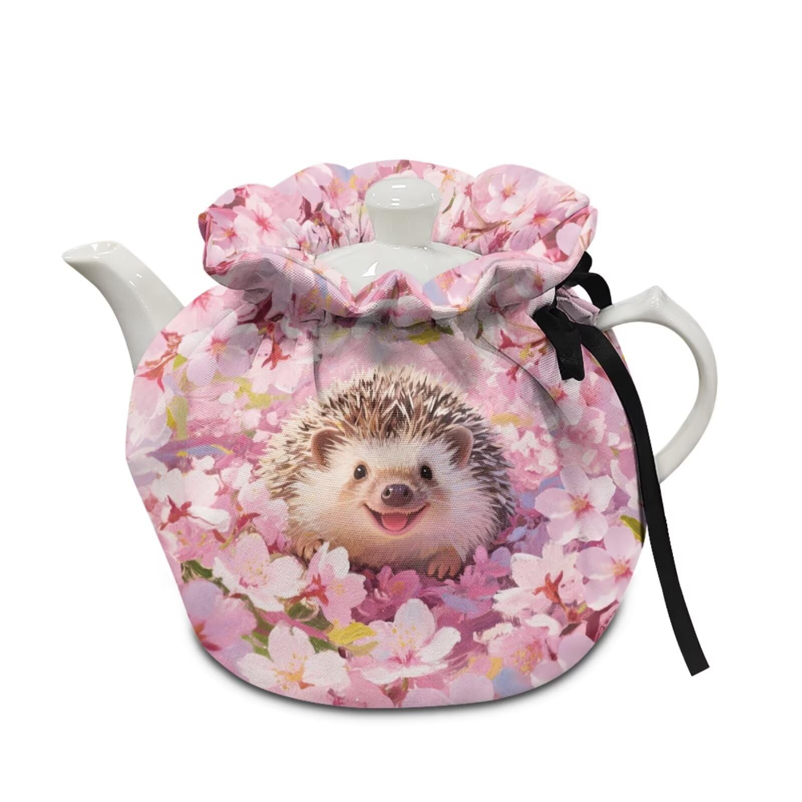 Hedgehog Print Teapot Dust Cover Cherry Blossom Print Tea Cosy for Teapot Insulated Breakfast Warmer Drawstring Design Keep Warm Kitchen Decorations, Pink
