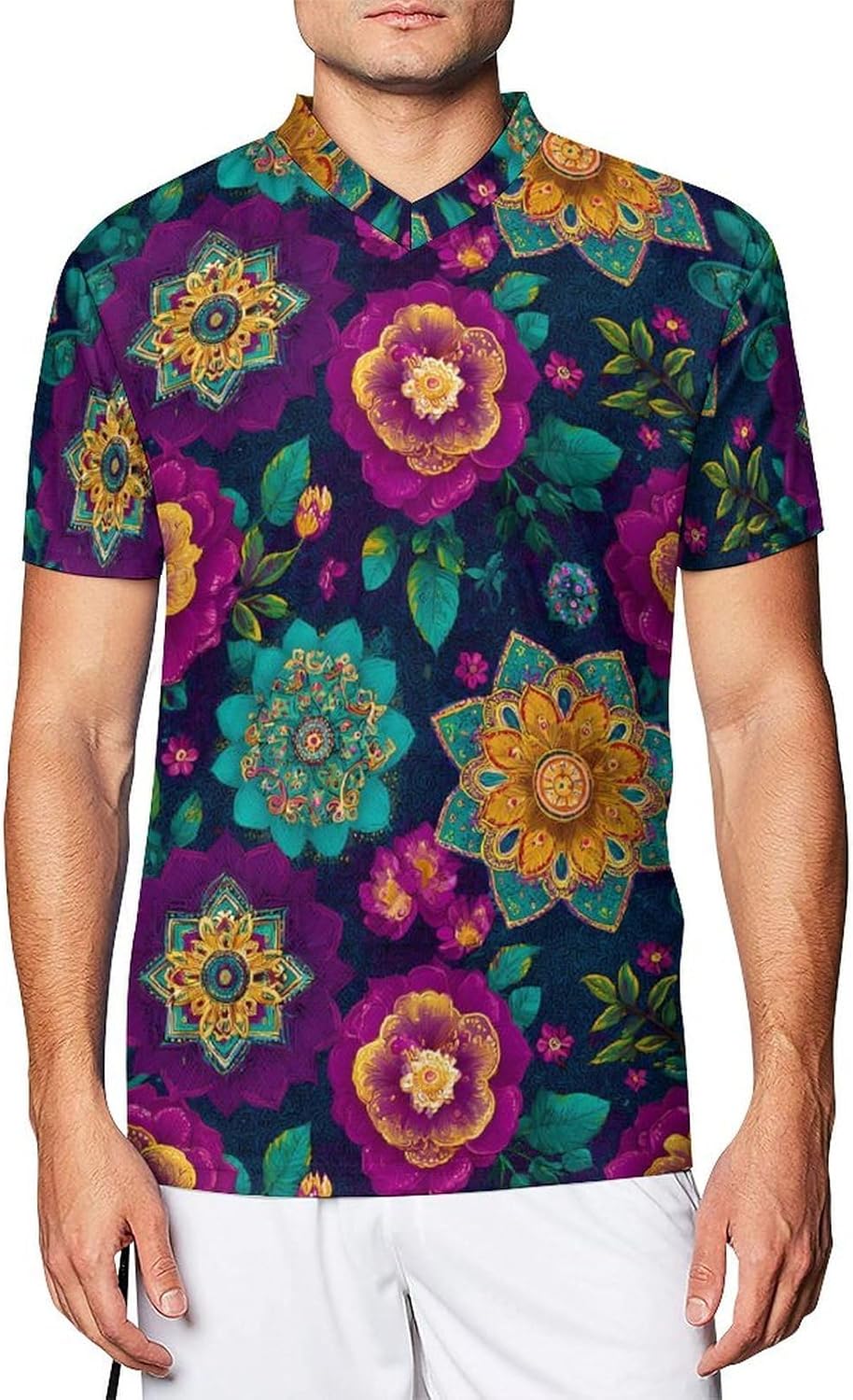 Colorful Indian Boho1 Flower Pattern Funny Football Jerseys Casual V-Neck Short Sleeve Soccer Jersey T-Shirt