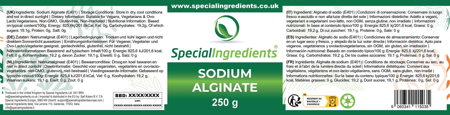 Alginate de gastronomie naturelle 250 g Qualité supérieure – Complément polyvalent pour la gastronomie (Étiquettes et instructions en allemand)