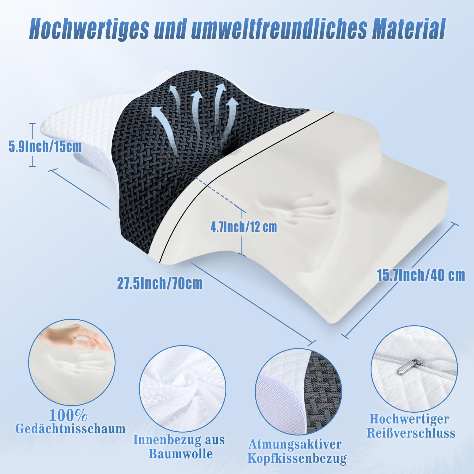 SAHEYER Traagschuim kussen, orthopedisch neksteunkussen, zijsnurkkussen ter verbetering van de slaapkwaliteit, 60 x 35 x 13/10 cm
