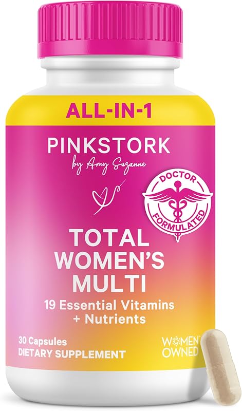 Pink Stork Total Multivitamínico para mujeres, 19 vitaminas esenciales, 30 cápsulas | Energía, metabolismo, apoyo hormonal, apoyo inmunológico y del estado de ánimo con B6, B12, biotina, hierro y zinc.