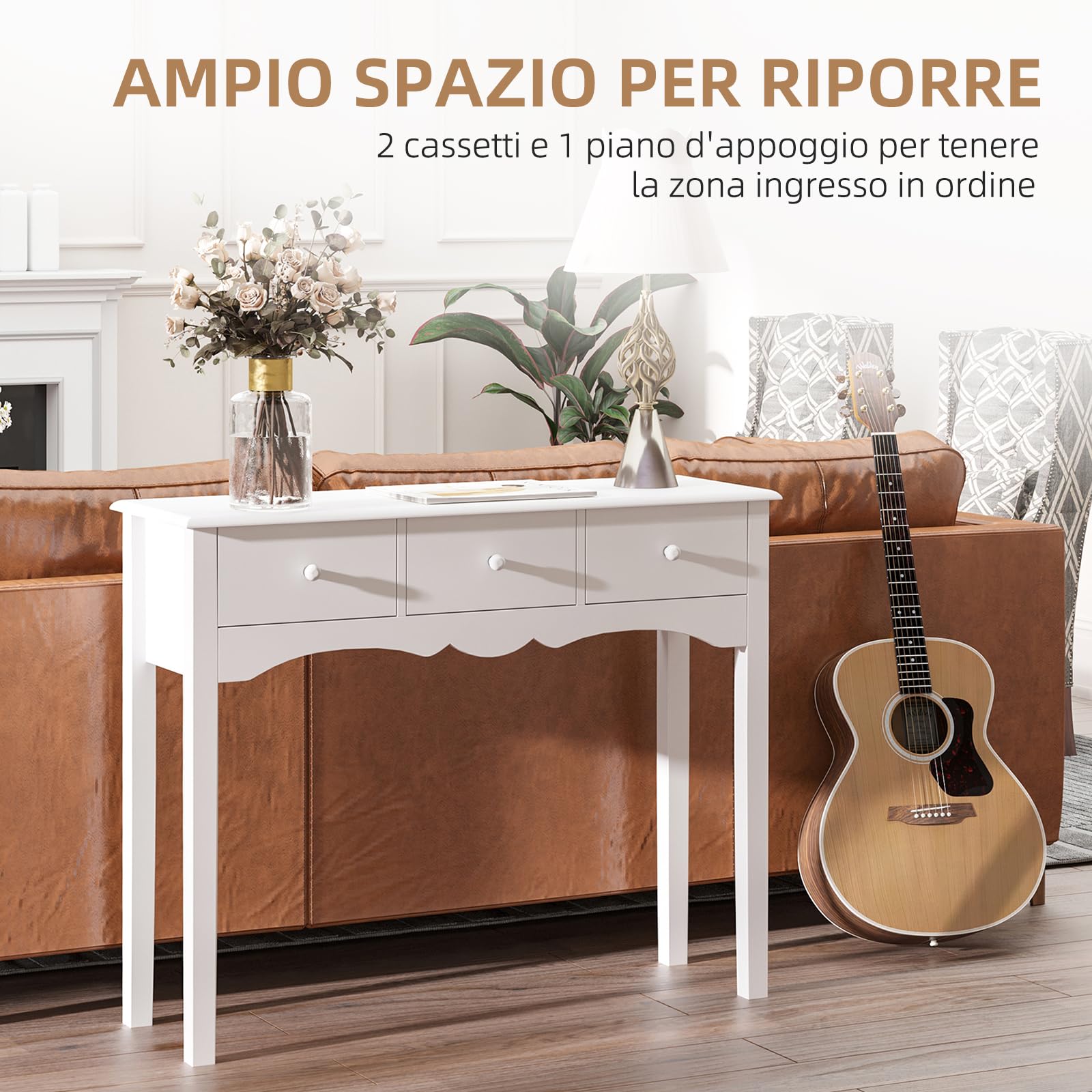 HOMCOM Tavolo Consolle Moderno con 3 Cassetti, Consolle da Ingresso in MDF, per Corridoio, Soggiorno, 100x32x85 cm, Bianco