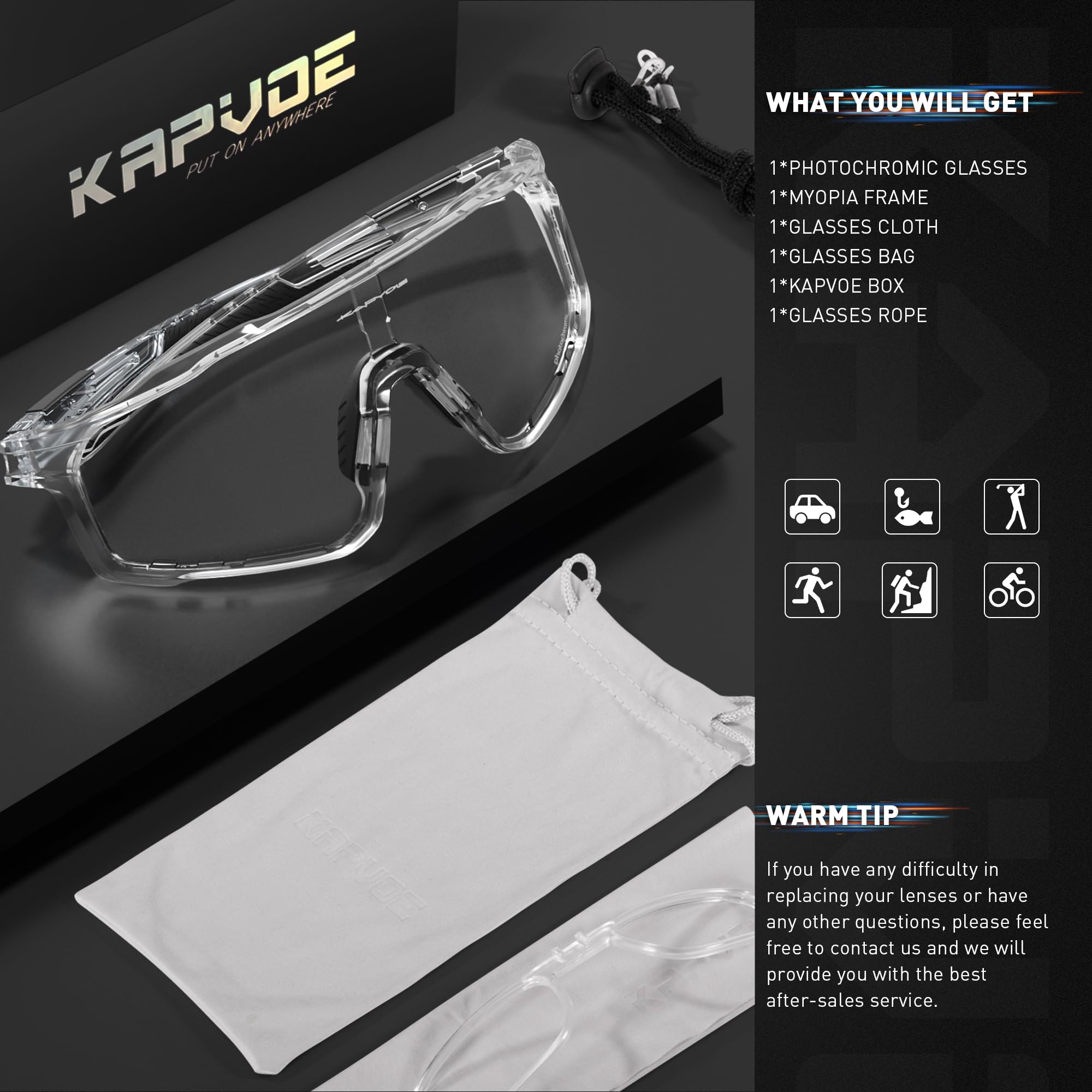 KAPVOE Lunettes Cyclisme Cadre et Verre Photochromiques K76 | Verre & monture photochromiques, UV400, nez réglable