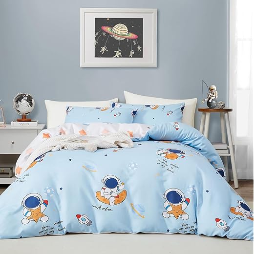 Lanqinglv Kinder Bettwäsche 135x200 Jungen Blau Weiß Astronauten Kinderbettwäsche mit Sterne Muster,Wendebettwäsche Set - Bettbezug mit Reißverschluss und 1 Kissenbezug 80x80 cm