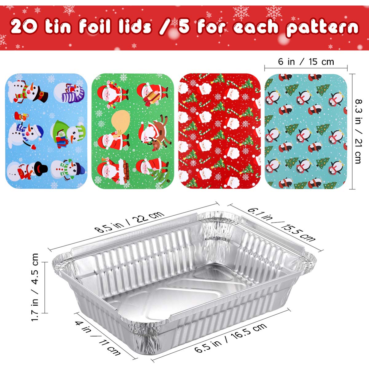 JOEBO 20 padelle natalizie in alluminio con coperchio, contenitori in alluminio per dolcetti natalizi, 4 design festivi, contenitori usa e getta per alimenti, per cuocere al forno, preparare alimenti,