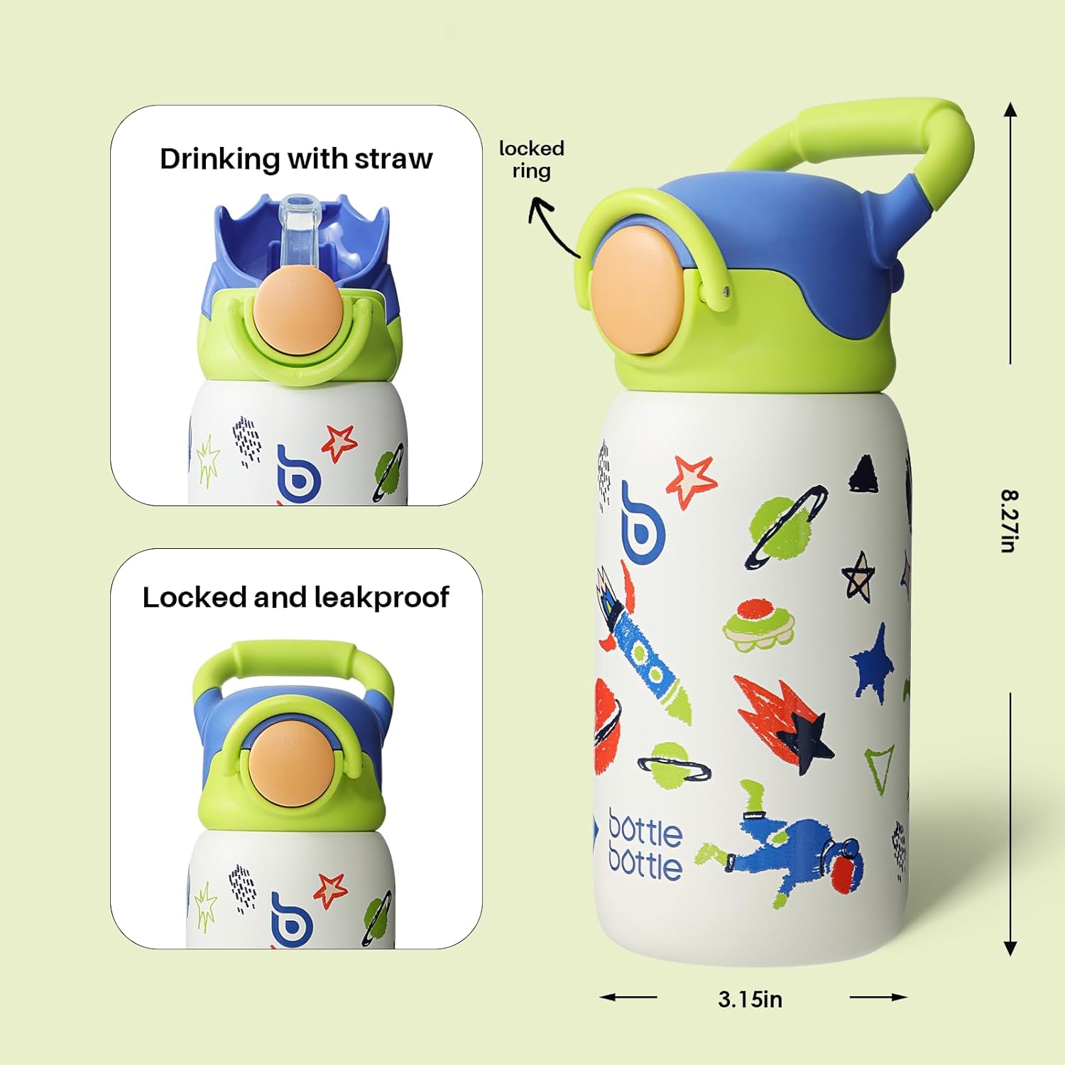 BOTTLE BOTTLE Kids Insulated Water Bottle with Straw Lid and Handle 16 oz Stainless Steel Vacuum Tumbler Water Bottles for School Outdoor Travel Gifts for Boys and Girls Astronaut - Image 2
