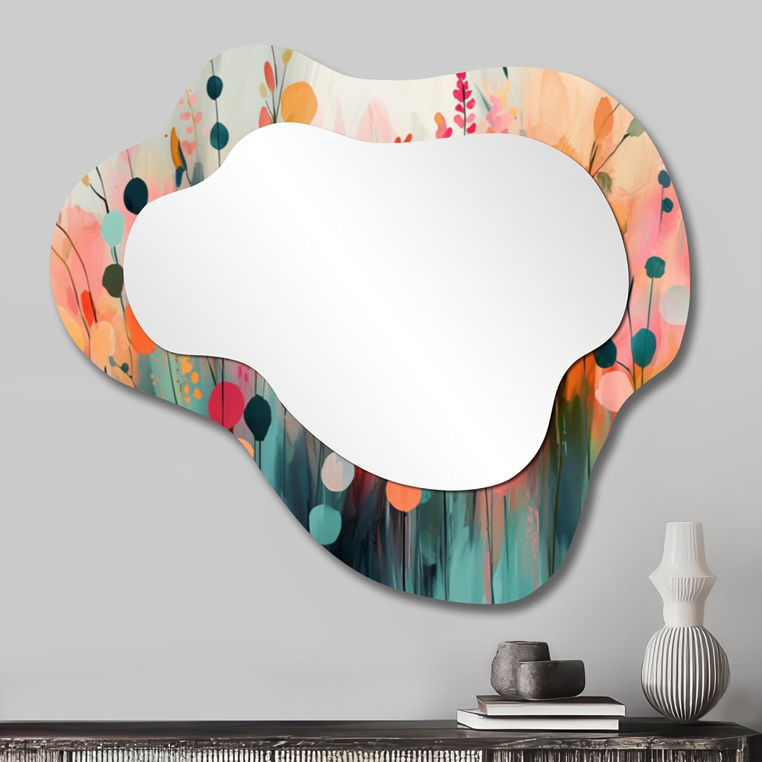 Delicate Blue and White Flower Petals III - Yellow Cloud Shaped Mirror - Dogwood Cloud Shaped Accent Mirror for Bedroom Print on Metal, 35" W x 27" H