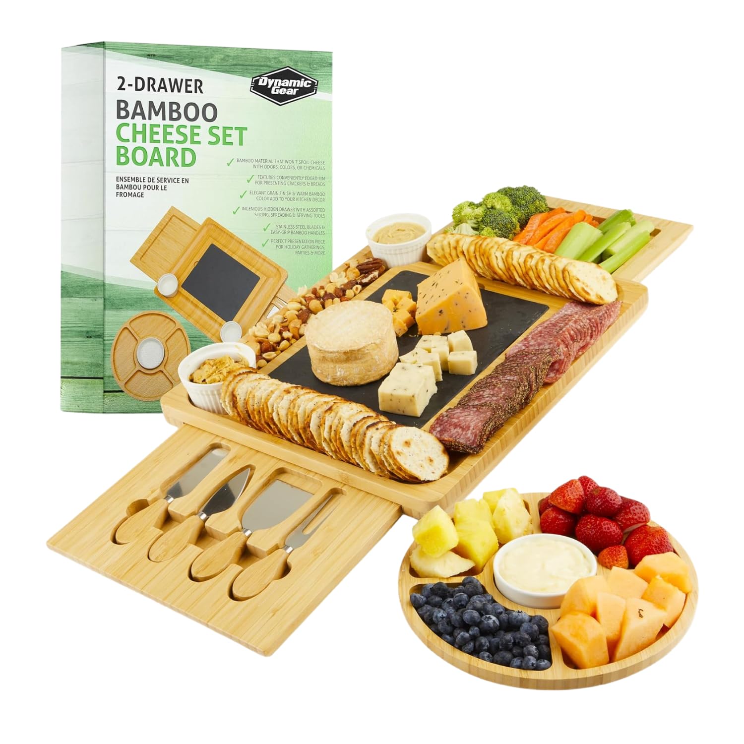 Charcuterie Board Gift Set, Expandable Bamboo Cheese Board with Stainless Steel Serving Utensils, Ceramic Bowls, Appetizer and Serving Trays, Utensil Trays - Housewarming 2 Drawers
