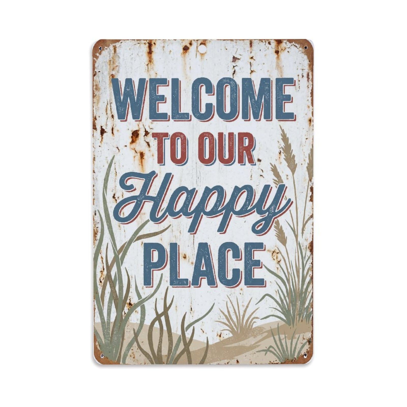 Welcome To Our Happy Place Seaside Retreat Metal Tin Sign Plaque Wall Decor for Cafe, Club Bar, Office, Home Garden Metal Poster 8x12Inch