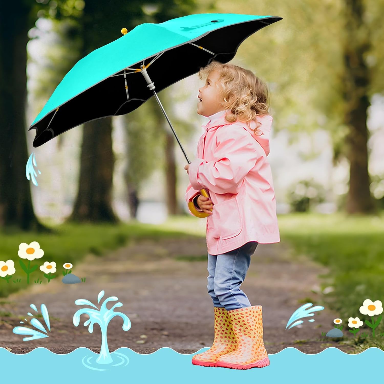 ODAWA Turquoise Kid Umbrella Unbreakable Stick Rain Umbrella Kids Stick Umbrella Upf50