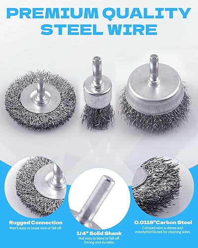 Miniatura 3 de Rocaris Juego de 7 cepillos de alambre de acero al carbono para ruedas, cepillos para bolígrafos con mango redondo de 14 pulgadas para eliminar