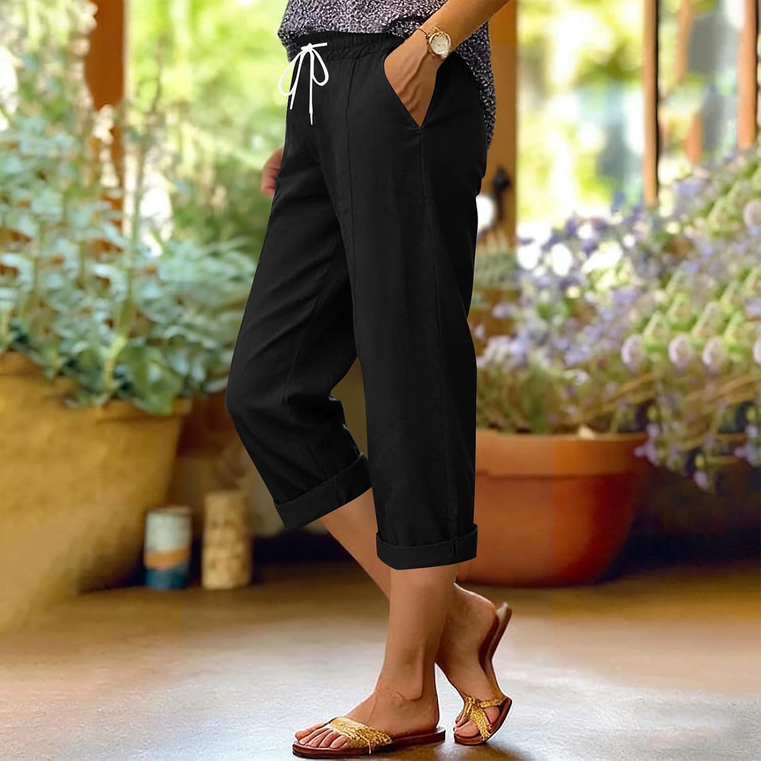 Capri Pants for Women Cotton Linen Wide Leg Capris Drawstring Cropped Pant Elastic Waist Casual Pants with Pocket
