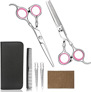 Professional Home Hair Cutting Kit - Quality Home Haircutting Scissors Barber/Salon/Home Thinning Shears Kit with Comb and Case for Men and Women (Pink)