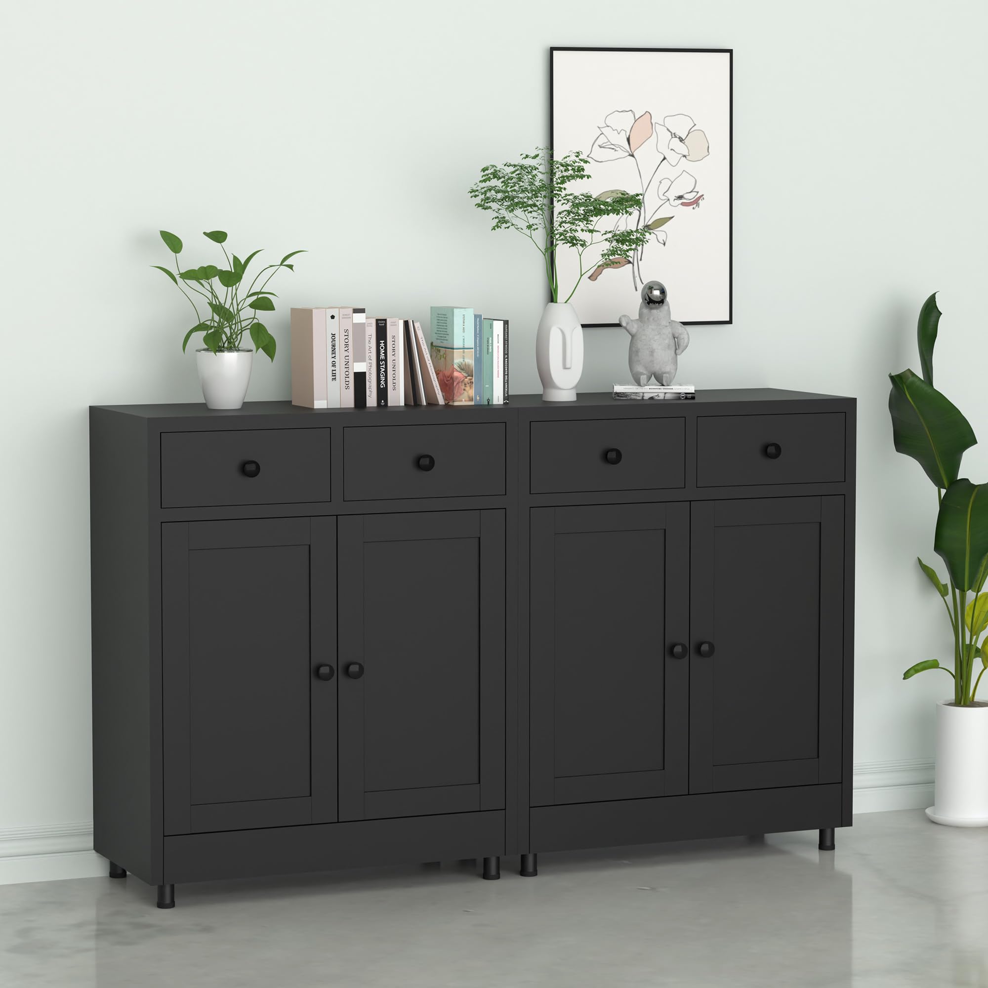 Aktenschrank Büroschrank Lagerschrank Metallschrank Stahlschrank Mehrzweckschrank Buffetschrank Flurschrank, Aufbewahrungsschrank aus Metall mit 2 Schubladen und Verstellbarem Regal (Schwarz)