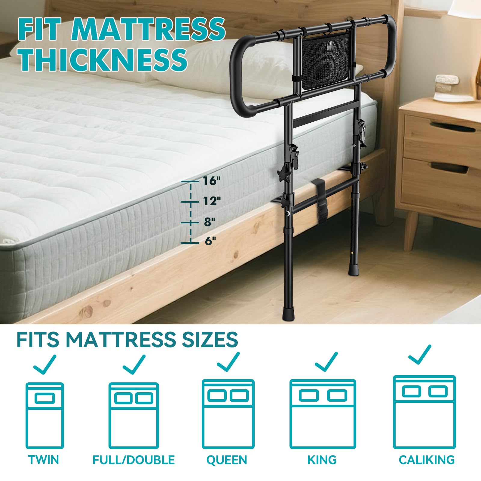 FORTEMOTUS Sponde Letto Anziani, Barriera Letto con Regolabile Sponde Ribaltabile, Borsa, Anticaduta y Supporto per Alzarsi dal Letto per Adulti, Disabili (Spessore Materasso 15-40 cm)