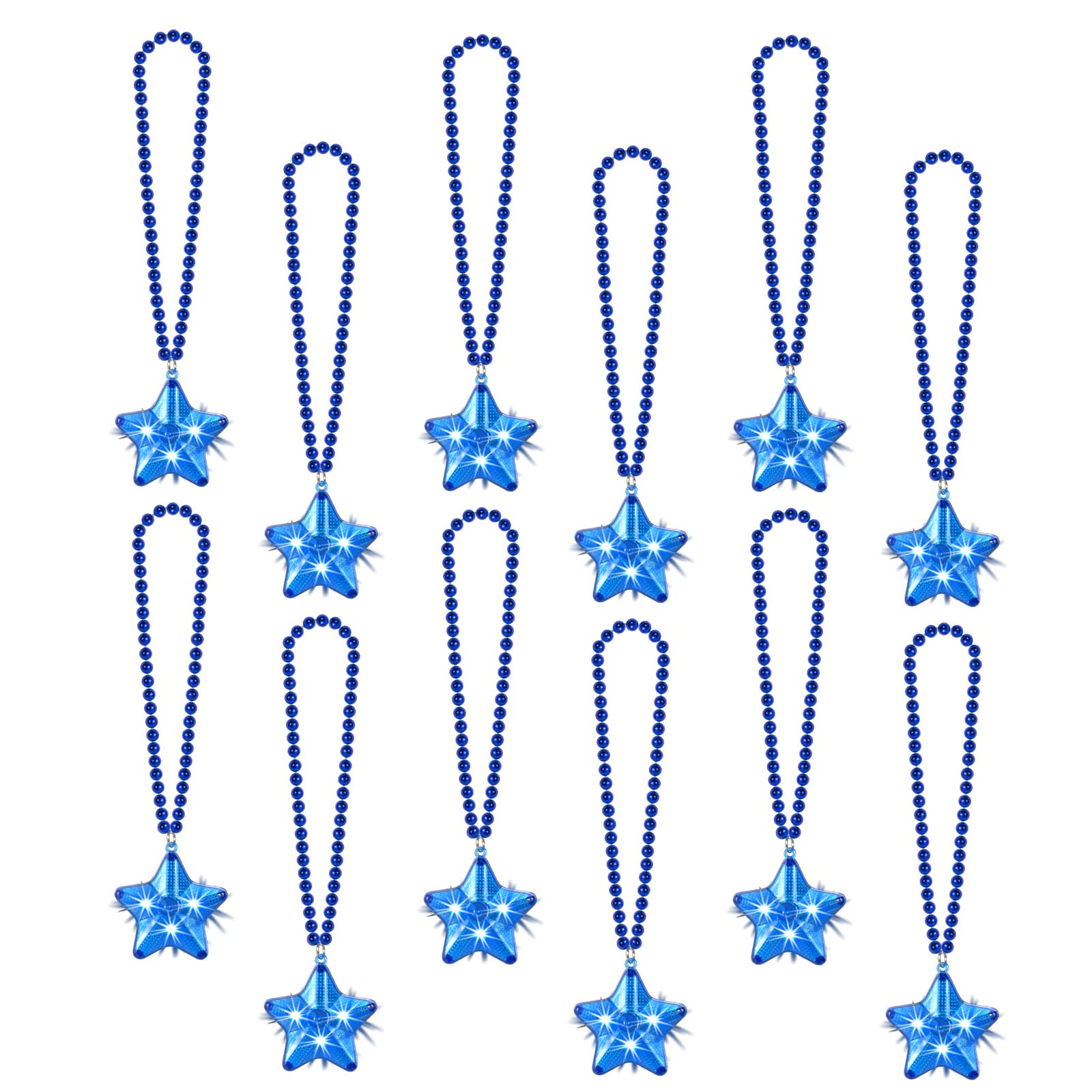 NUDALA 12 Pack Blue Glow Star Necklace Bulk Beaded Necklaces for Halloween Christmas Decorations Mardi Gras Party Favors