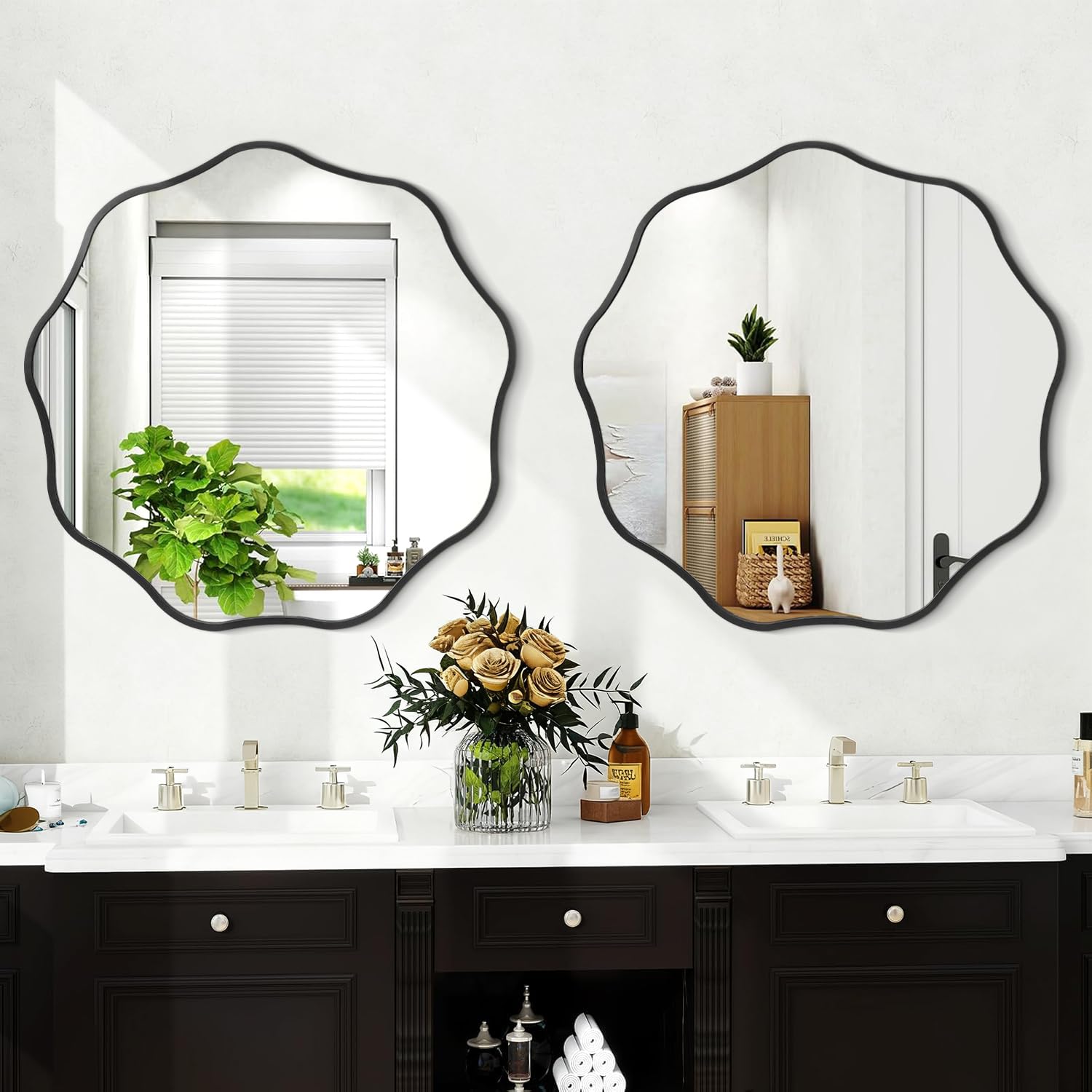 Espejo de pared redondo ondulado negro, espejo decorativo circular de 60 cm con marco de metal moderno para baño, sala de estar, dormitorio, entrada, pasillo, decoración del hogar