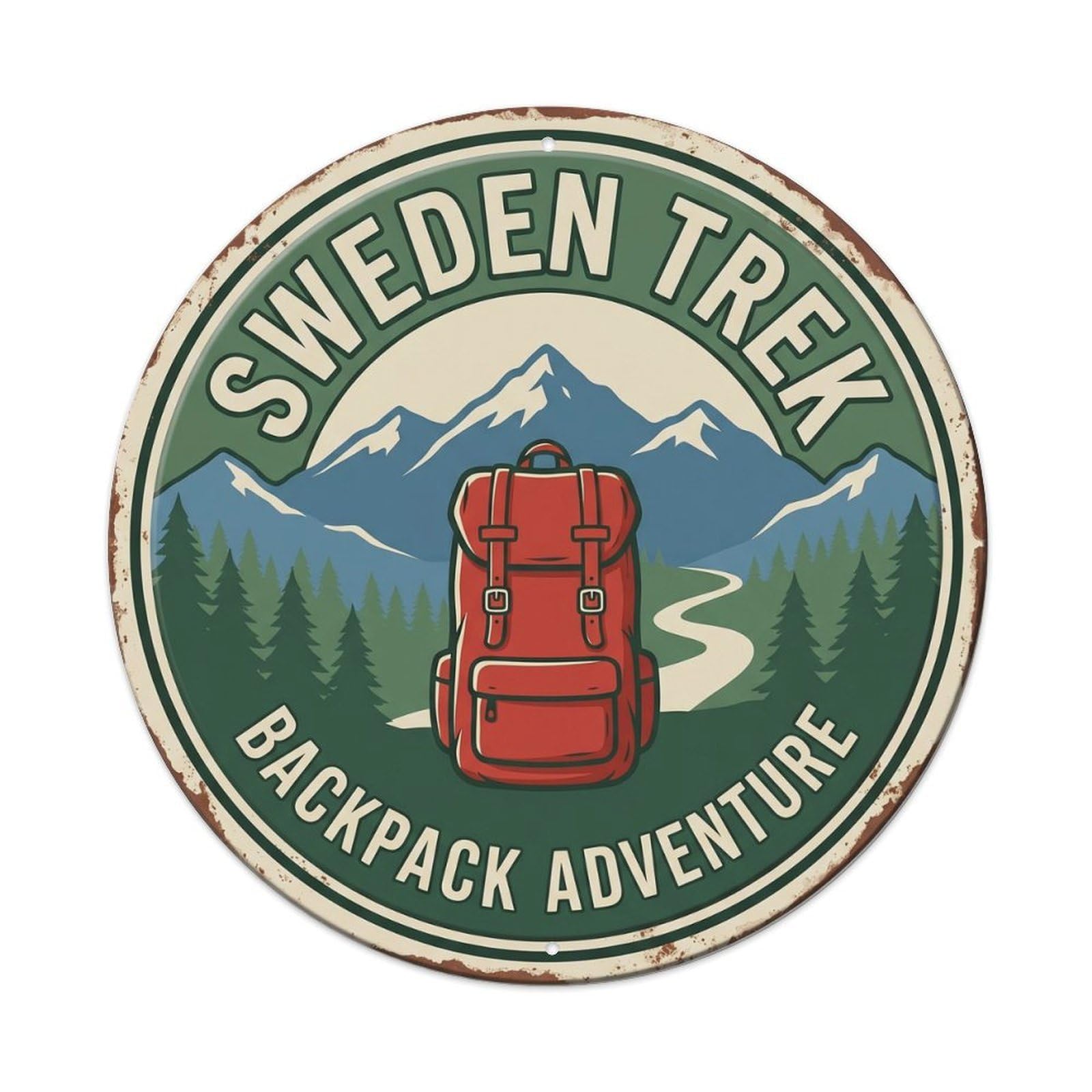 Fjallraven Backpack Trek Sweden Outdoor Metal Tin Sign Plaque Wall Decor for Cafe, Club, Garden Round Metal Poster 8x8Inch
