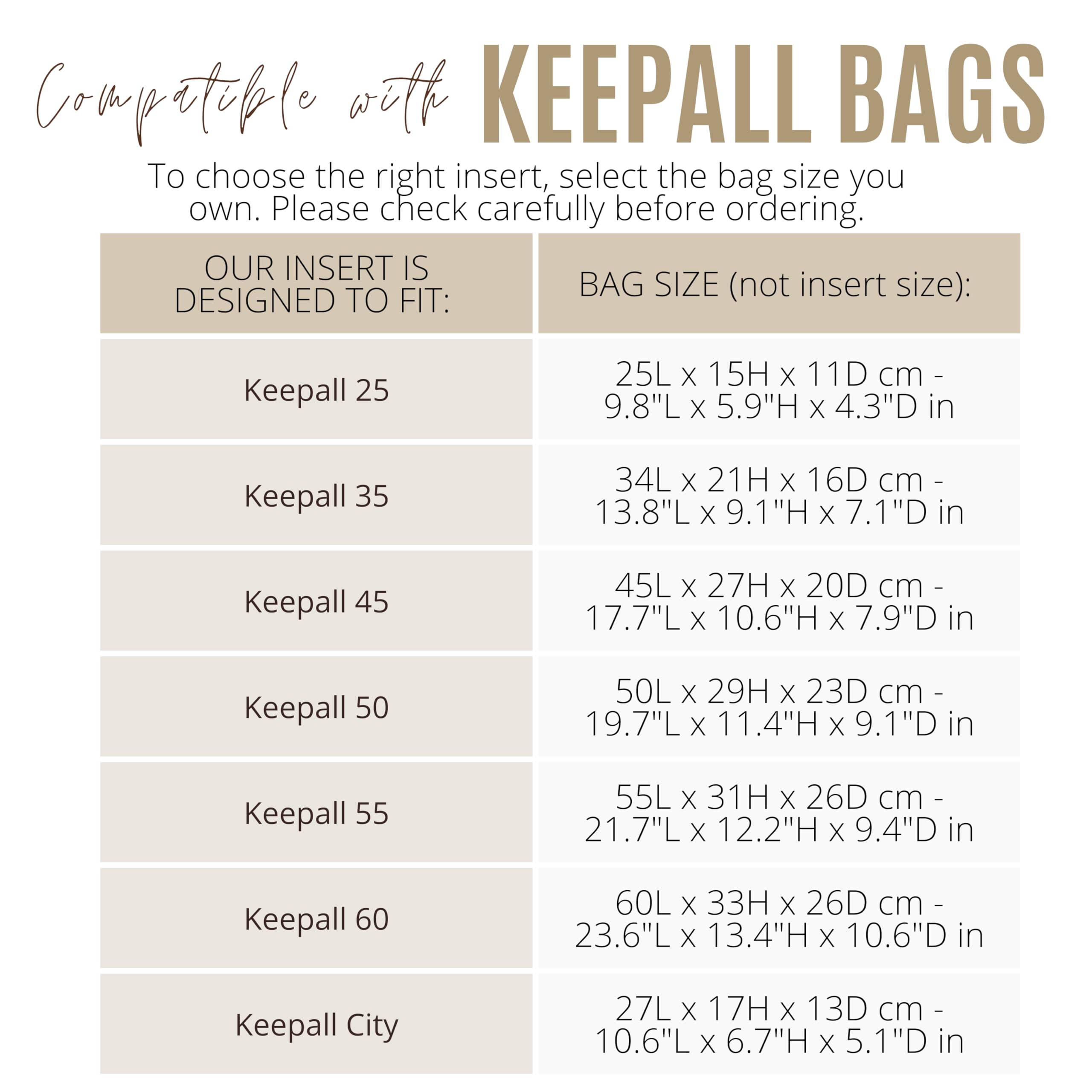 Divitize Premium Organisateur de Sac compatible avec Keepall 25/35/45/50/55/60/City — Feutre Doux, Fond Renforcé, Couverture Totale, +24 Couleurs (Sienna, for Keepall 60)