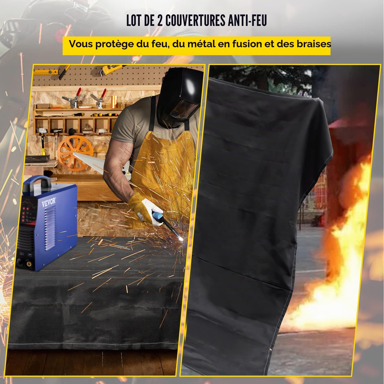 VEVOR Couvertures anti-feu, lot de 2 couvertures de soudage couverture anti-incendie 2,44 x 3,05 m ignifuge 550 °C couvertures d'urgence noires, couverture en fibre de verre avec 12 œillets en laiton