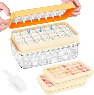 PHINOX Ice Cube Tray with Lid and Bin, Ice Trays for Freezer, Flexible Ice Cube Trays, Making 56 pcs Ice Cubes, Chilling Cocktail, Whiskey, Coffee, with 2 trays, Ice Container, Scoop&Cover, BPA Free