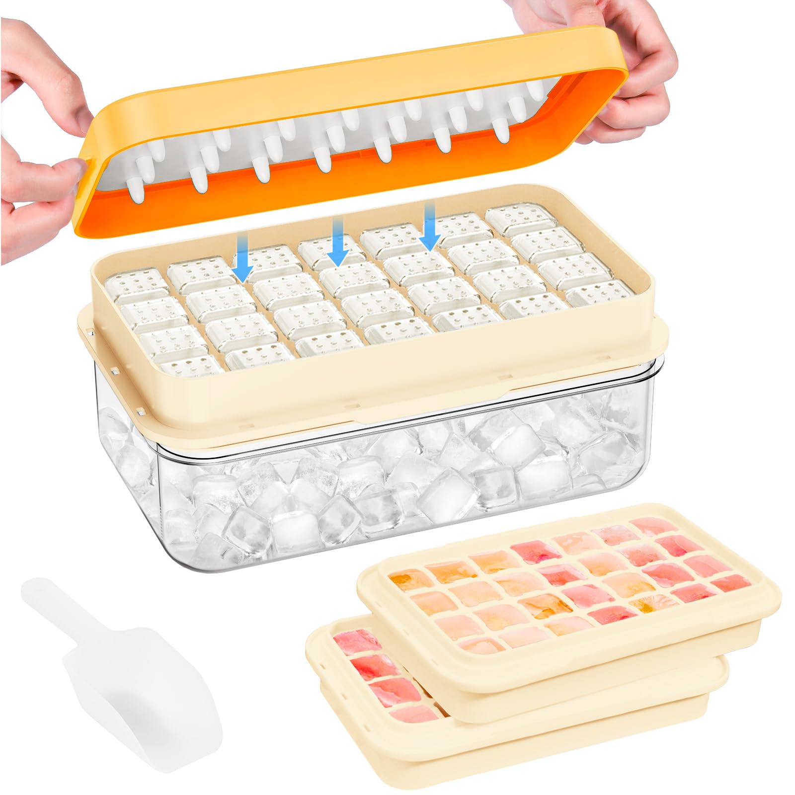 PHINOX Ice Cube Tray with Lid and Bin, Ice Trays for Freezer, Flexible Ice Cube Trays, Making 56 pcs Ice Cubes, Chilling Cocktail, Whiskey, Coffee, with 2 trays, Ice Container, Scoop&Cover, BPA Free