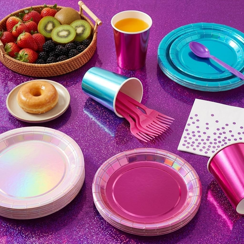 179pcs Iridescent Party Tableware Serves 25, Purple Pink Blue Paper Plates Cups Napkins Cutlery Tablecloth for Demon Birthday, Mermaid Korean Idol Movie Party K-pop Fans Supplies