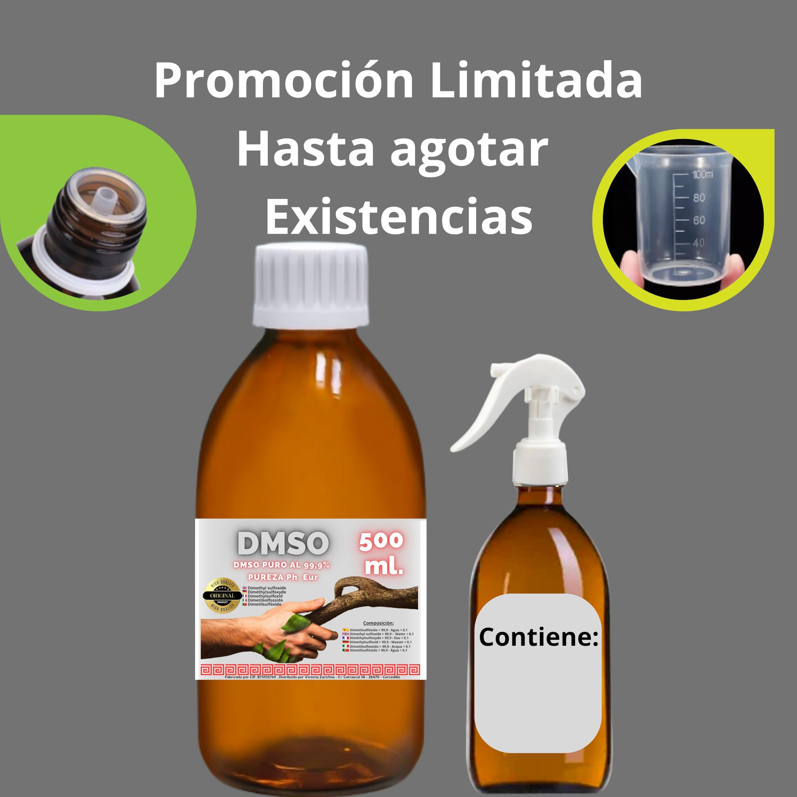 DMSO 500 ml. 99,9% Pureza Con Gotero | Dimetilsulfóxido Calidad Ph Eur | Regalo Frasco125ml + Difusor + Vasito Dosificador | Frascos Ámbar de Laboratorio | Precinto de Seguridad
