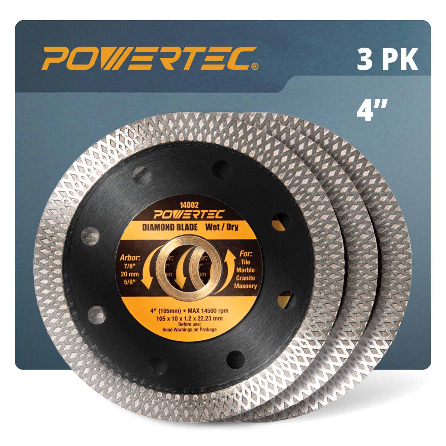 POWERTEC 4 Inch Diamond Saw Blades for Handheld Tile Saw &amp; Angle Grinder 3 Pack, Super Thin Turbo Mesh Rim for Cutting Porcelain, Granite &amp; Ceramic, 4" Diamond Blades (14002-P3)