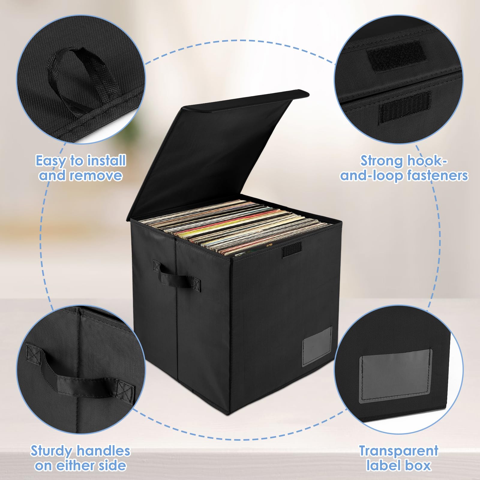 Lot de 4 Boîte de Rangement pour Disques Vinyles, Oxford Tuch Klappbar Boîtes de Rangement Pliables, 13 Zoll Schallplatten Box mit Deckel und Griffen für Wertvolles Album Collectionner
